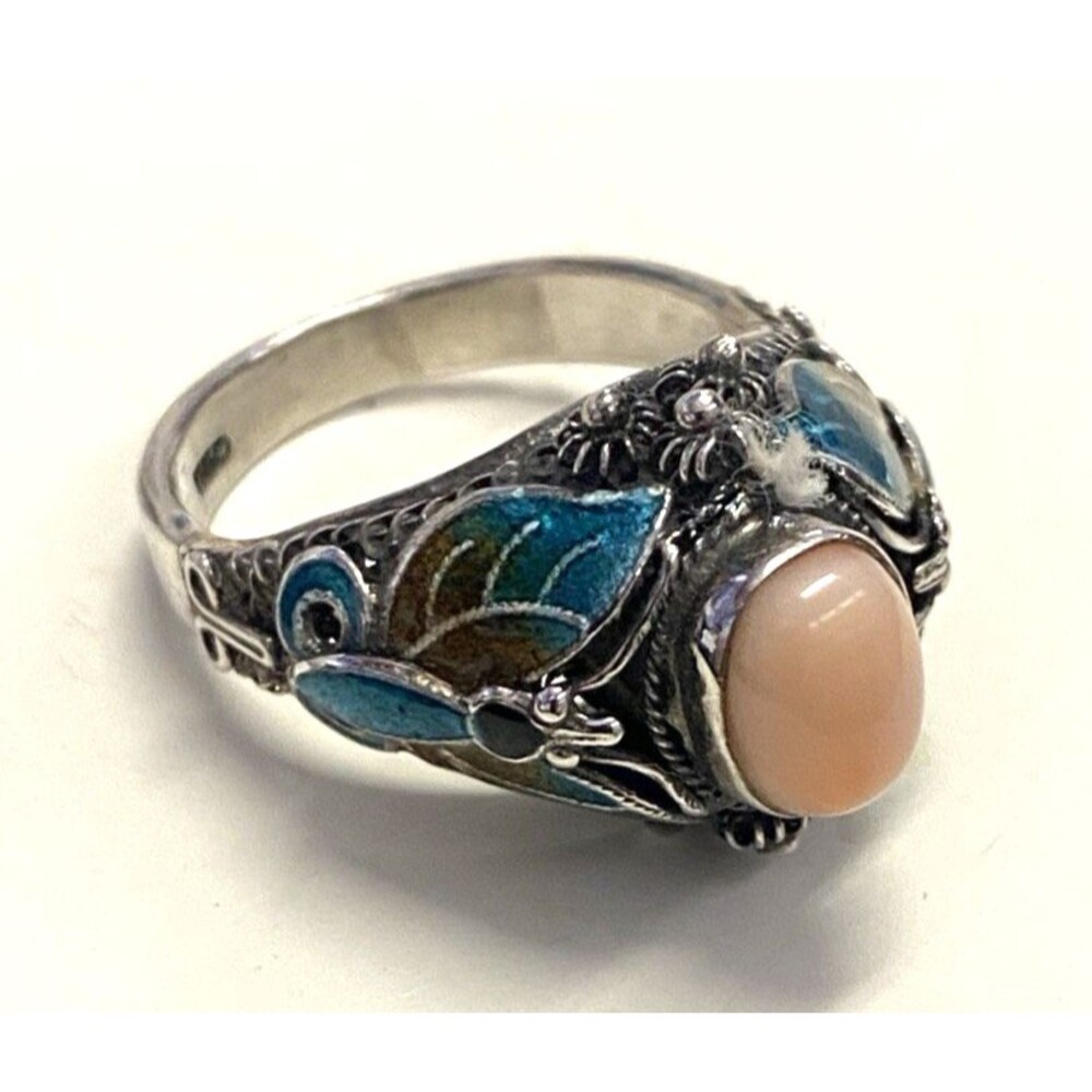 Vintage Sterling & Enamel BJ Butterfly Filigree Coral Stone Ring Size 8